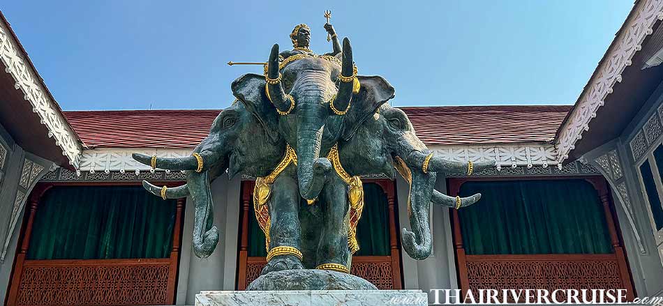 “ประติมากรรมพระอินทร์ทรงช้างเอราวัณหล่อด้วยสัมฤทธิ์” ที่ วัดเทวราชกุญชรวรวิหาร สักการะ พระพุทธเทวราชปฏิมากร พระอินทร์ทรงช้างเอราวัณ องค์เทวราชเนรมิต เทพทันใจ และ เที่ยวชม พิพิธภัณฑ์สักทอง ล่องเรือ ไหว้พระ 3 วัด กรุงเทพ สัมผัสบรรกาศ ล่องเรือ เจ้าพระยา ชมวิวสองฝั่งเจ้าพระยา พร้อม อาหารกลางวัน  อิ่มอร่อย กับ บุฟเฟ่ต์กลางวัน บน เรือไทย แม่น้ำเจ้าพระยา สุดคลาสิค